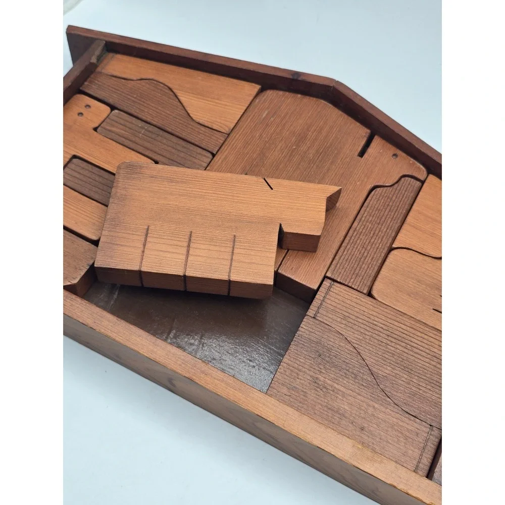 Vintage Wooden Animal Puzzle Nativity Set Brown Handcrafted Folk Art 12in